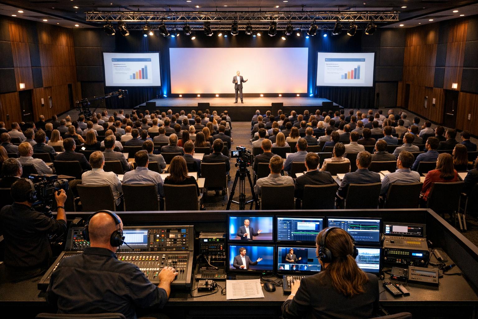 Corporate auditorium with multi-camera coverage, live video switching, professional program audio, and a staffed production control position
